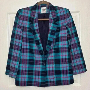 VINTAGE SUBURBAN PETITES Bold Blue, Teal and Fuchsia Plaid Blazer | size 8